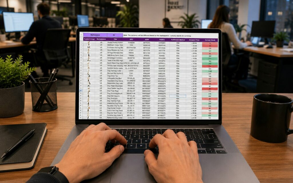 Hands typing on a laptop displaying a data spreadsheet
